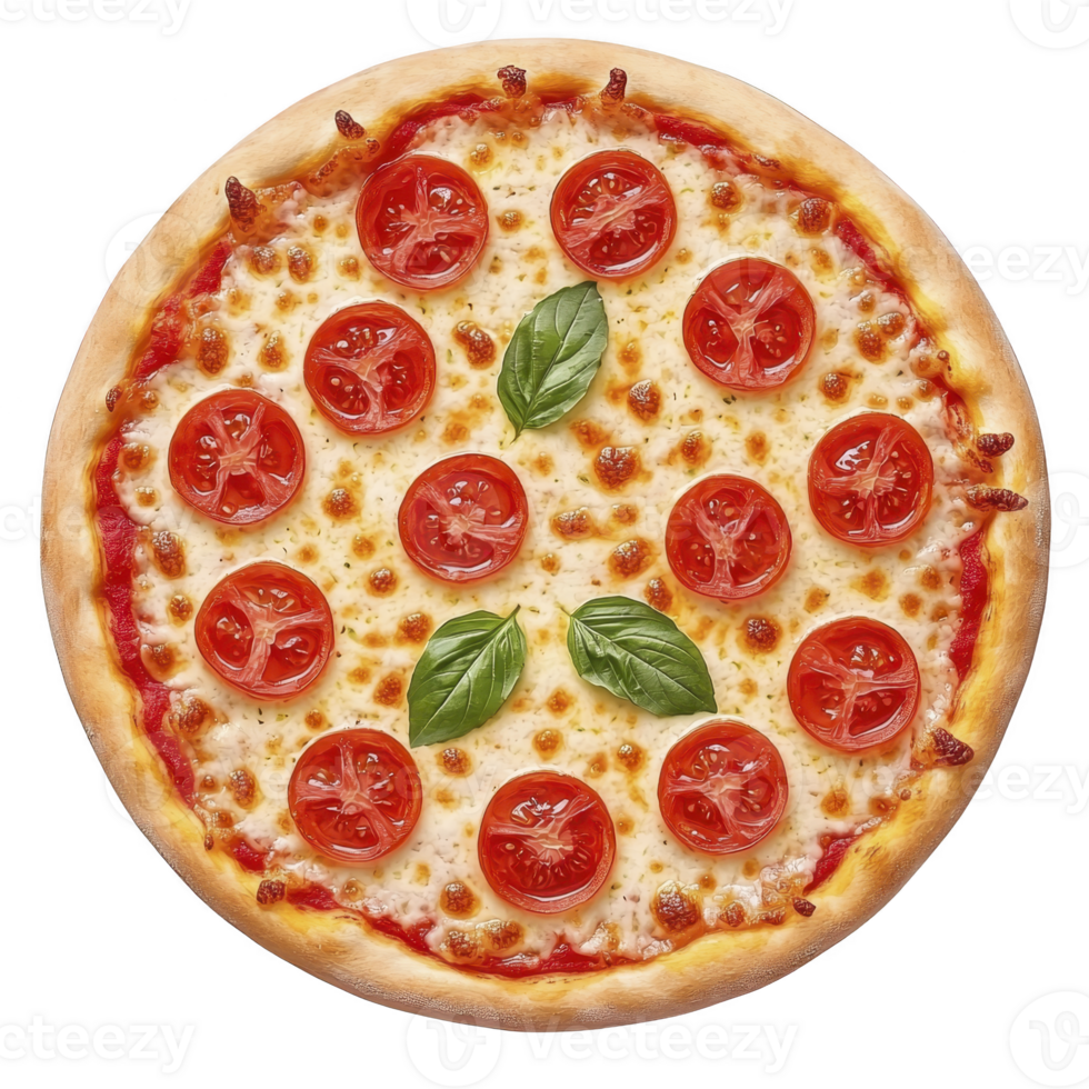 delicious-margherita-pizza-topped-with-fresh-tomato-slices-melted-mozzarella-cheese-and-basil-leaves-on-golden-crust-perfect-for-classic-italian-meal-png